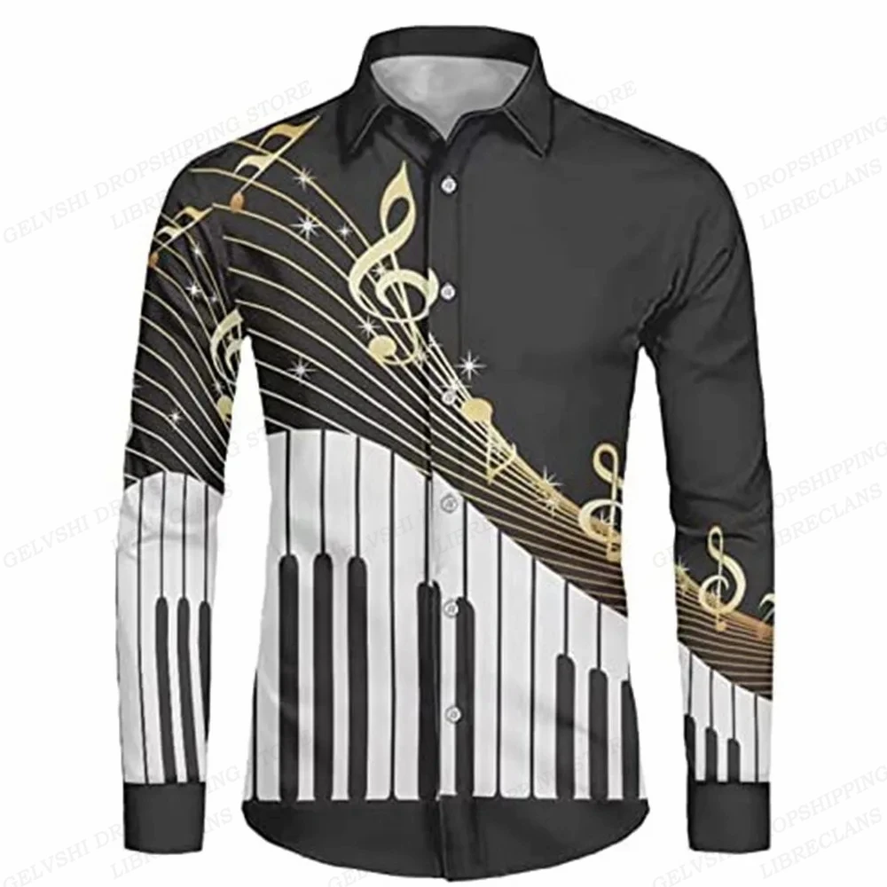 Long Sleeve Hawaiian Shirts Men Fashion Music Hawaii Shirt Instrument Beach Blouses Single Breasted Camisas Men\'s Clothing Aloha