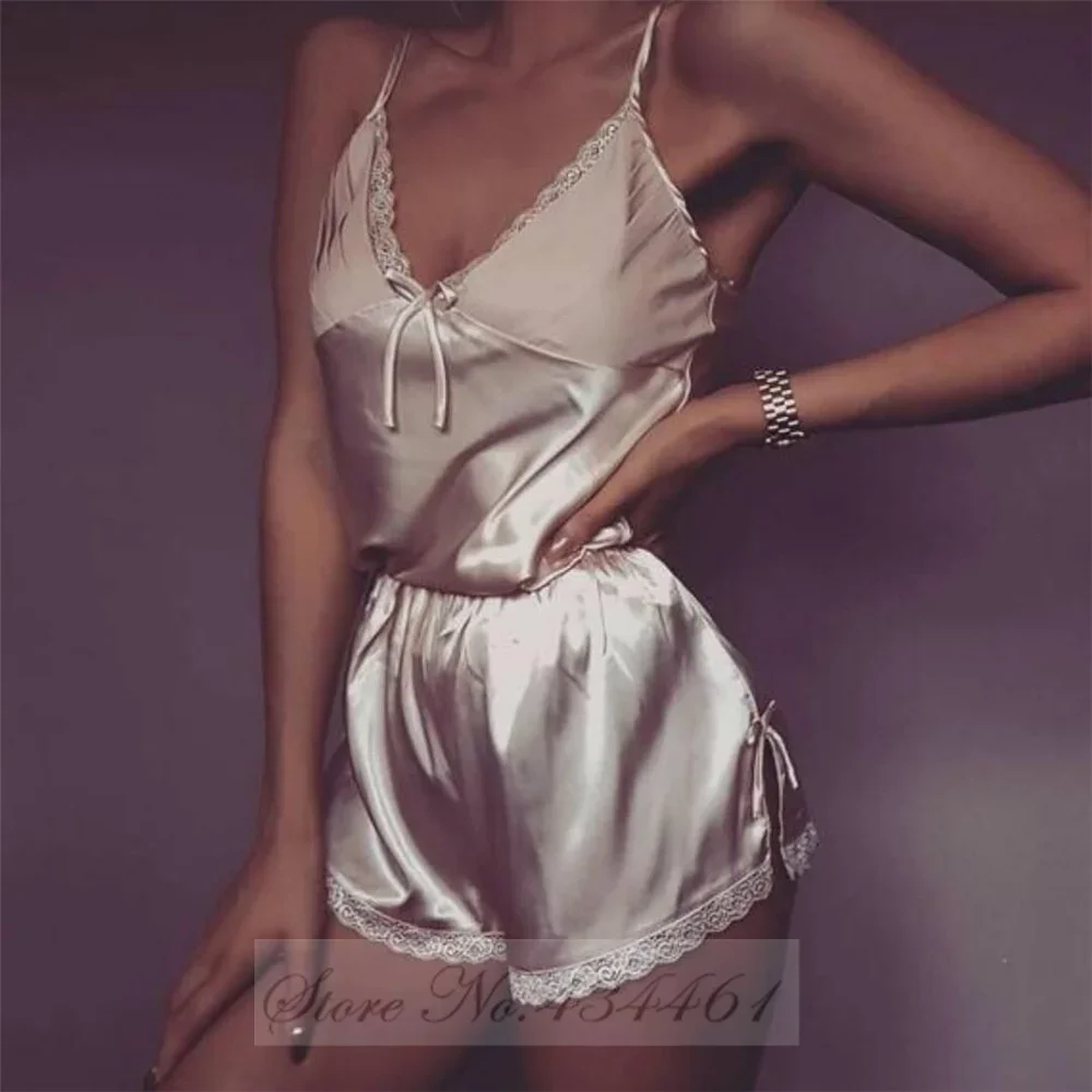 

Suspender Pajamas Set Sleepwear Sexy Lace Bow Cami Shorts Pijamas Suit Lingerie Summer New Female Silky Satin Homewear