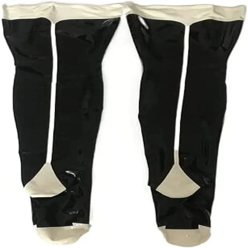 เซ็กซี่สีดํา Latex เครื่องรางต้นขาสูงยาวถุงน่องผิวแน่นสีขาว Trim น้ํายางธรรมชาติ 100% ทําด้วยมือ 100%