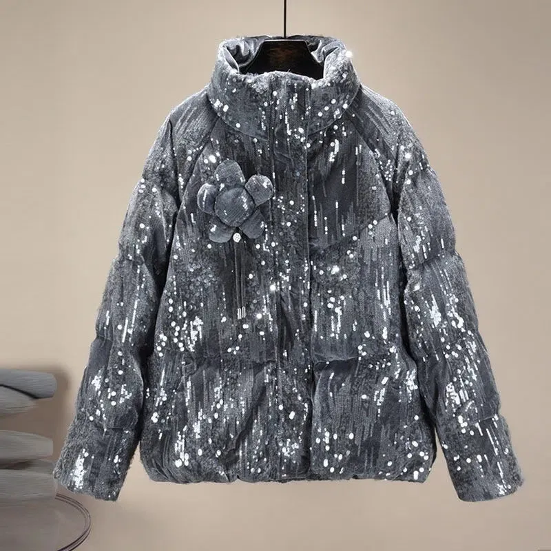 Upscale Sequins Down Cotton Clothes 2022 New Winter Loose Thicken Short Fashion Cotton Coat Miss Keep Warm Padded Jacket