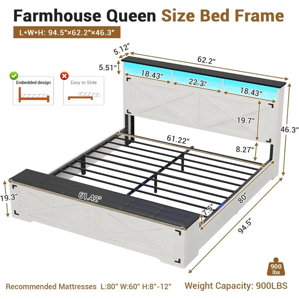 Queen Bed Frame with Storage Ottoman，Charging Station and Led Light, Headboard with Storage Rack，No Box Spring Needed，Bed Frame