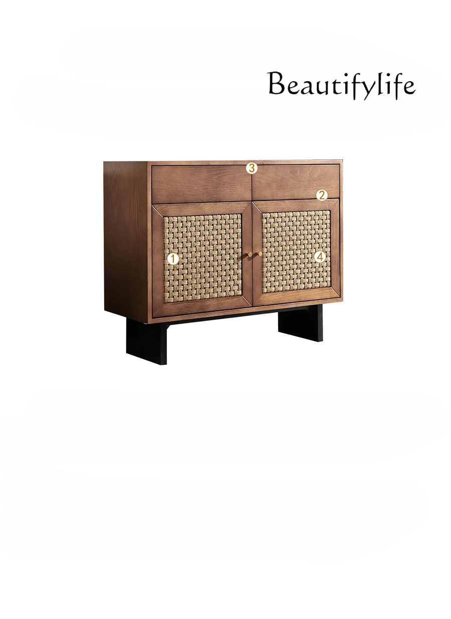 

Nordic Solid Wood Sideboard Simple Modern Living Room Tea Cabinet Locker Japanese Rattan TV Cabinet