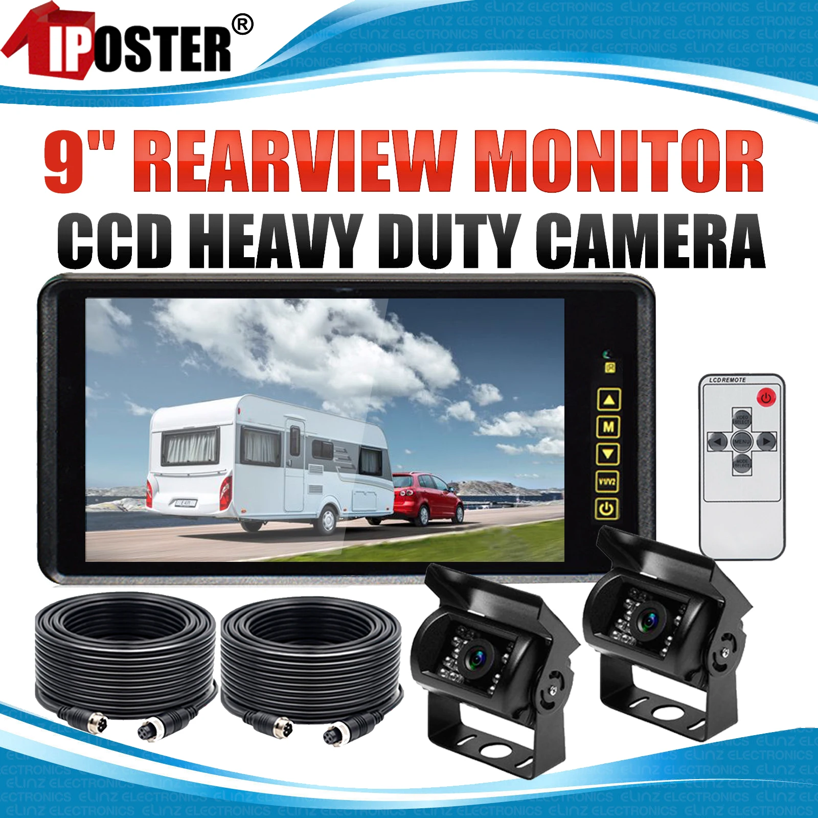 

iPoster 9 Inch TFT LCD Screen Rear View Mirror Monitor 12-24v+2x 4PIN CCD Reversing Cameras 18 IR LEDs Waterproof For Caravan Rv