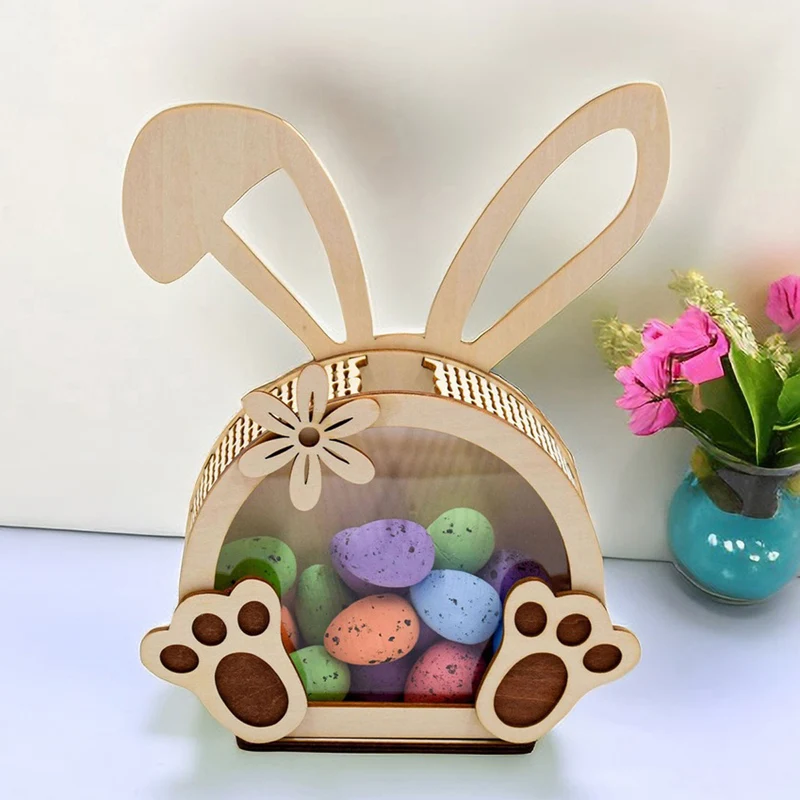 Easter Bunny Candy Box with Acrylic Window Wooden Bunny Treat Boxes for Chocolate Eggs Easter Rabbit Savings Container for Kid