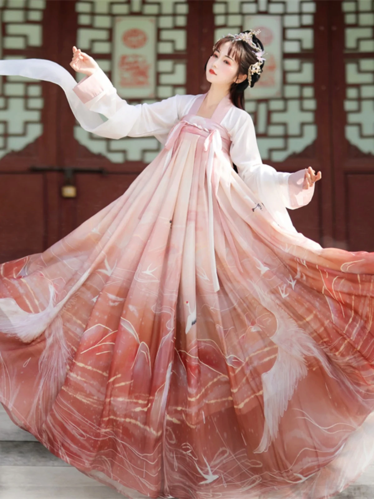 

Chinese Women's Hanfu Tang System Qi Ru Skirt Long Dress Print Chinese Traditional Costume One Set comfortable and soft