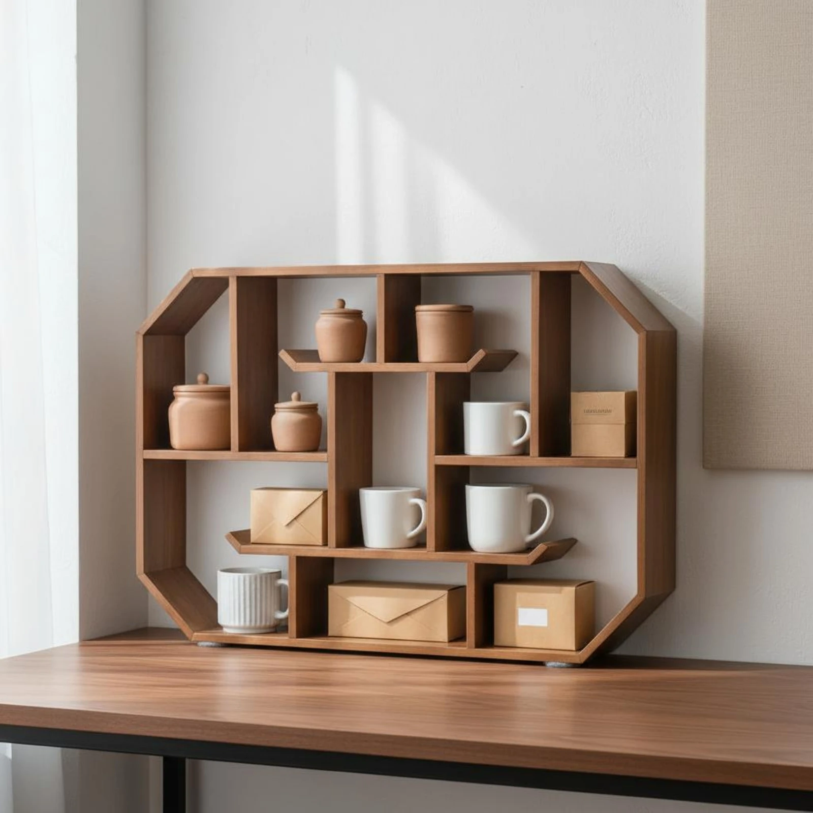 Chinese Design Display Shelf Multi-Tier Tea Cup Rack Chinese Design Shelf Space-Saving Small Wall Display Rack Sturdy for Desk