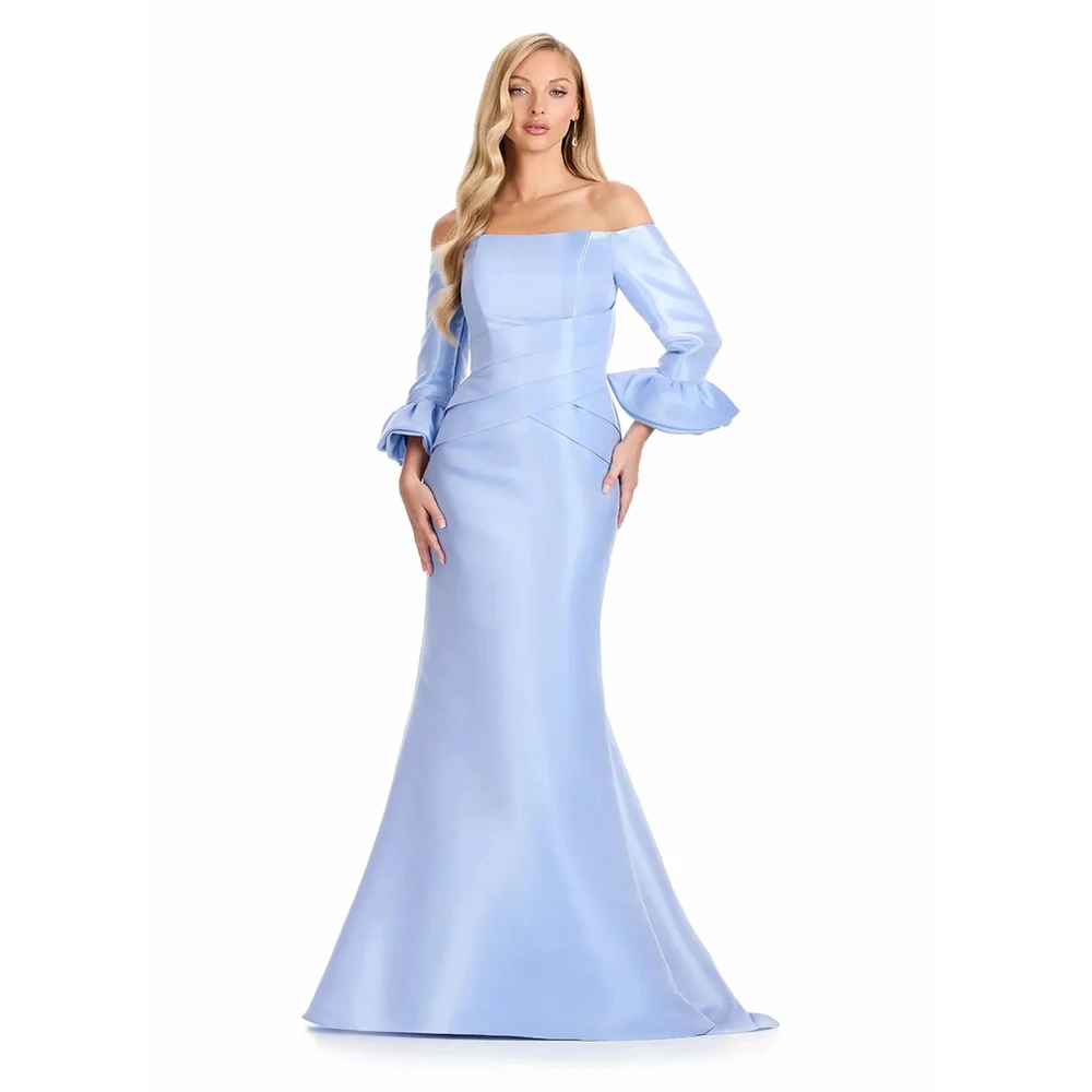 

Dream Sky Blue High Quality Classic Evening Dresses Satin for Floor-Length Off the Shoulder Prom Dress Mermaid Customized