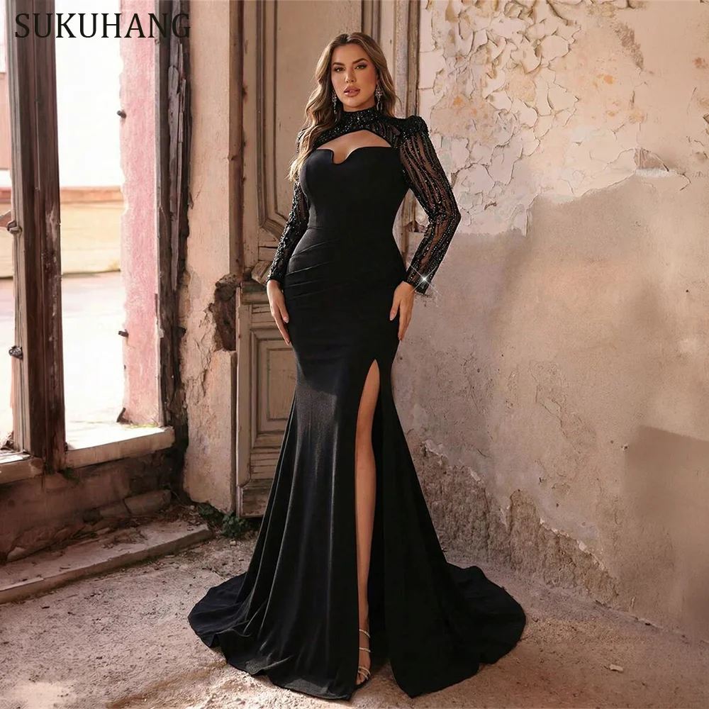 Customized Black Formal Dress Mermaid Silhouette Beaded Sheer Long Sleeves Chest Ruched Waist High Slit Prom Evening Gown