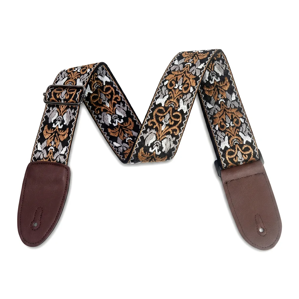 Vintage Pattern Embroidered Guitar Bass Strap Thickened Widened Brown Leather End Shoulder Sling for Electric Guitar