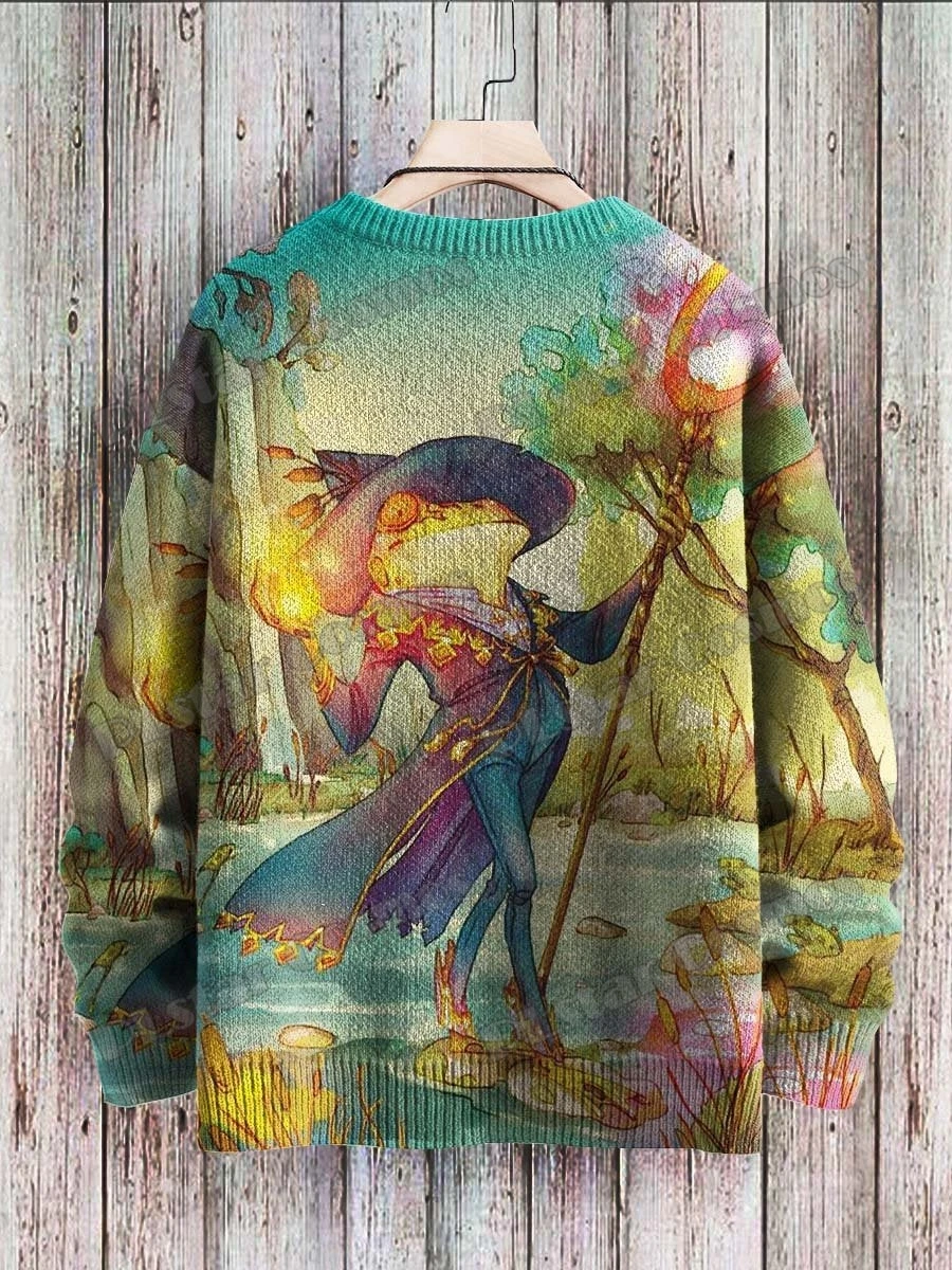 Halloween Wizard Frog Magic Art Pattern 3D Printed Men's Knitted Pullover Winter Unisex Casual Knit Sweater ZZM122