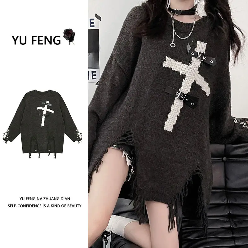 

Subculture Punk Свободные свитера Lazy Rock в стиле Харадзюку 2000-х годов Вязаные пуловеры с длинными рукавами в готическом стиле с металлической пряжкой Эстетические топы