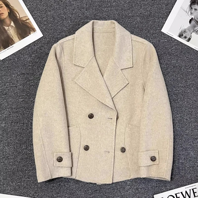 

Oat Colored Double-sided Woolen Blended Short Coat for Women Autumn Winter Simple Loose Versatile Warm French Lady Coat