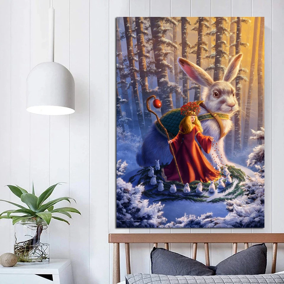 Diamond Painting Snowy Woodland Forest Princess Fairy Tail Bunny Girls Room Home Decor Wall Art Diamond Mosaic Winter Landscape