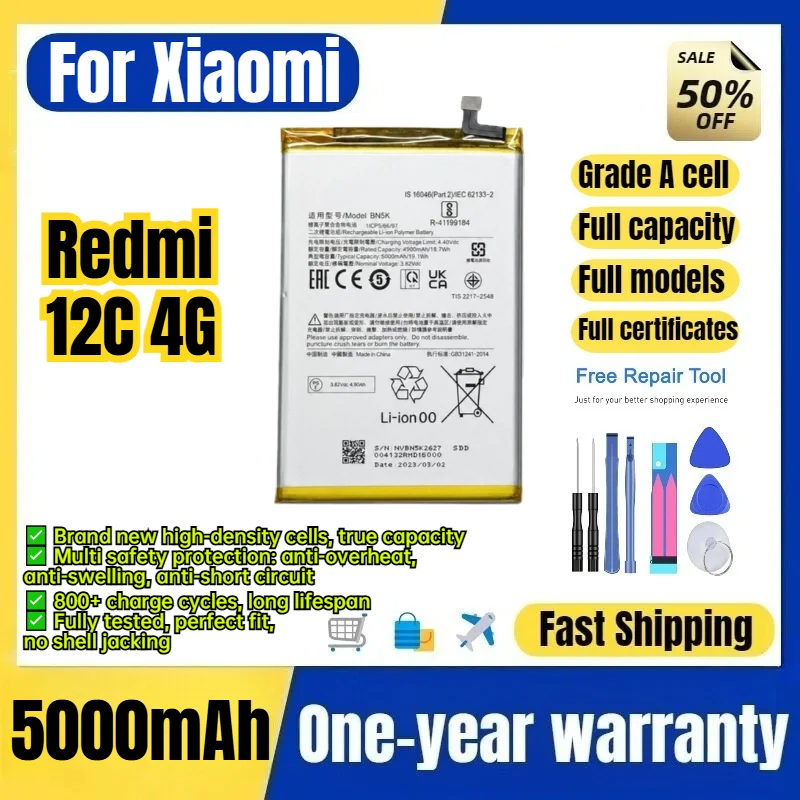 BN5K for Xiaomi Redmi 12C 4G Phone Battery 0Cycle High Quality High Capacity Battery Replacement Bateria Grade A Cell with Tools