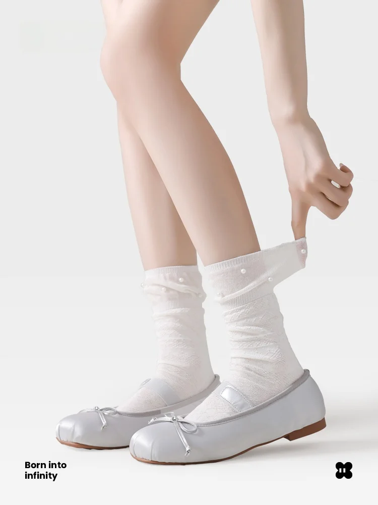 Calcetines JKN Ballet Sle Me transpirables para mujer, calcetines finos de verano de color blanco perla a media pantorrilla, combinables con Mary Janes, cómodos de algodón
