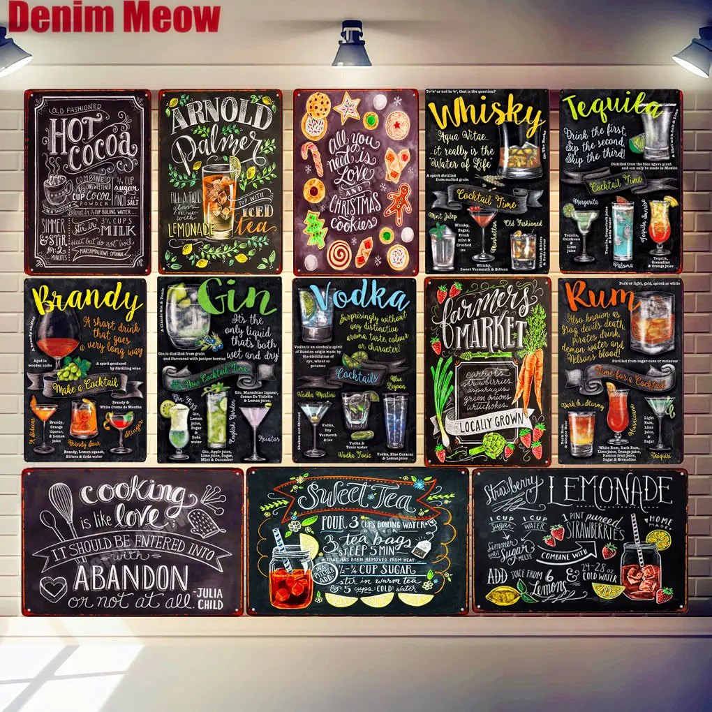 لافتات القصدير المعدنية العتيقة، وقت الشاي الحلو من الكاكاو، لوحة فنية جدارية للطهي، البار، الحانة، المقهى، ديكور المطبخ، لوحة كوكتيل ريترو