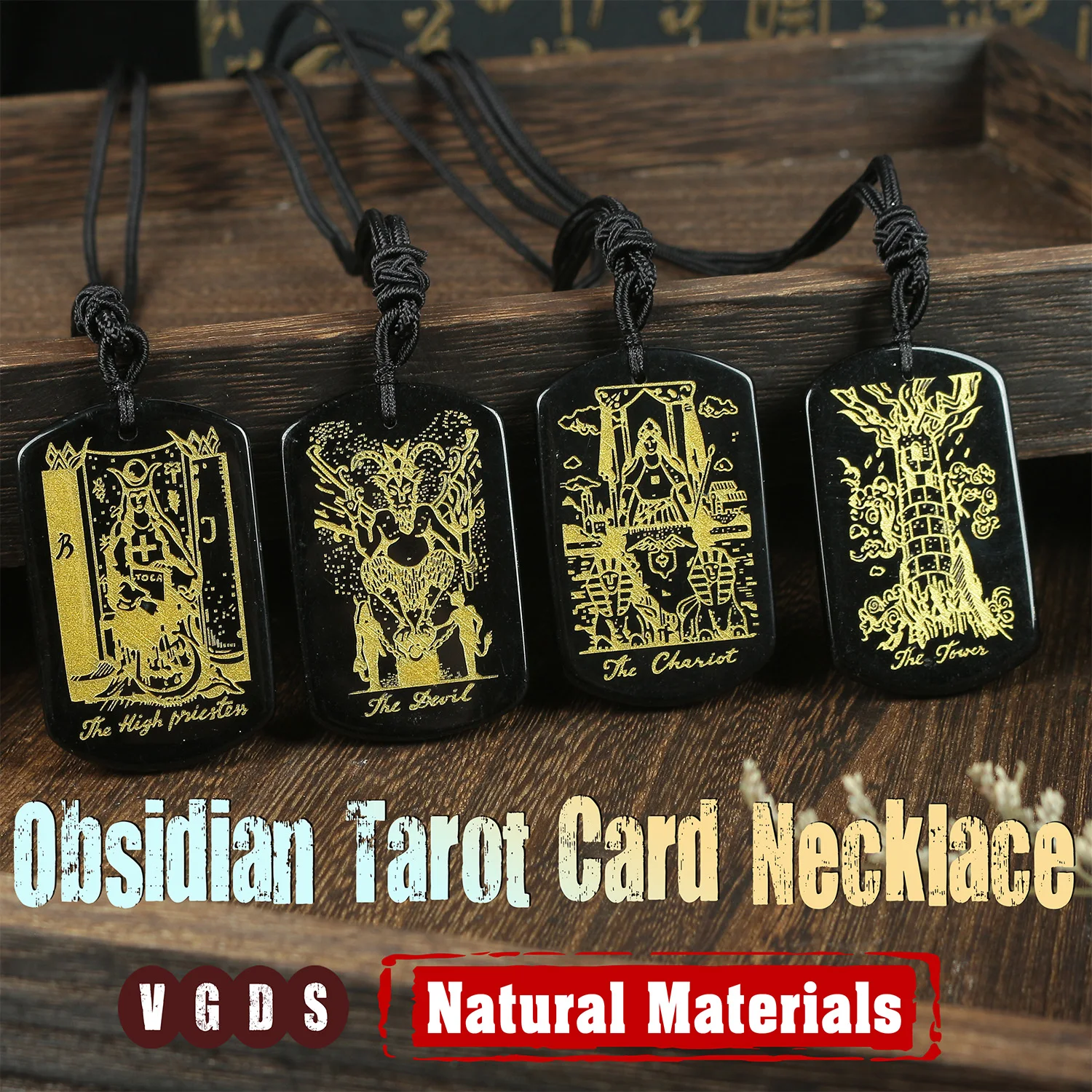 Natural Obsidian Tarot Cards Pendant Wealth Amulet Major Arcana Divination Charm Jewelry Star Moon Knight Empress Women Necklace