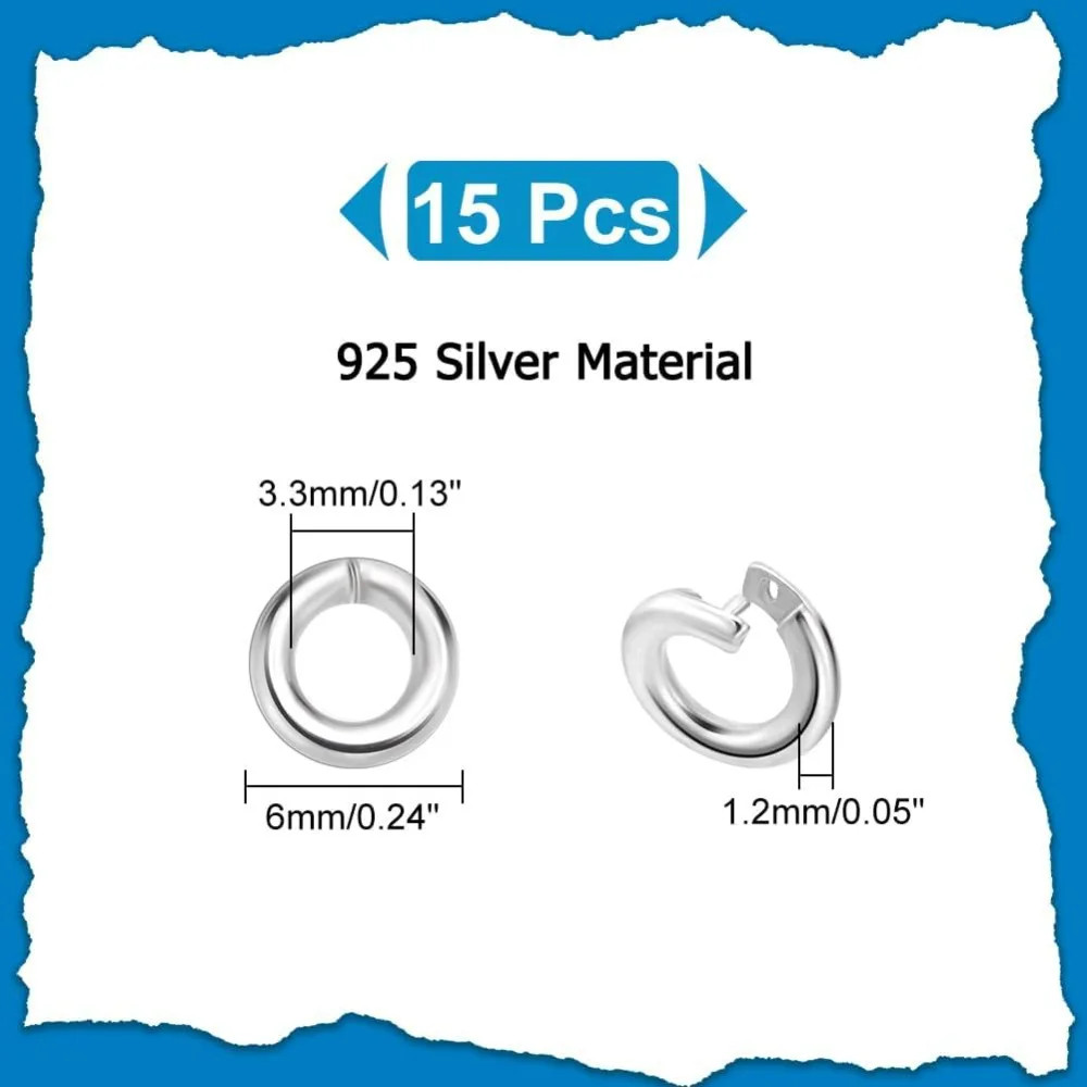 15pcs 925 Sterling Silver Locking Jump Rings, Round Locking Jump Rings, OD 6mm ID 3.3mm Circle Clasp Ring Connector Open End