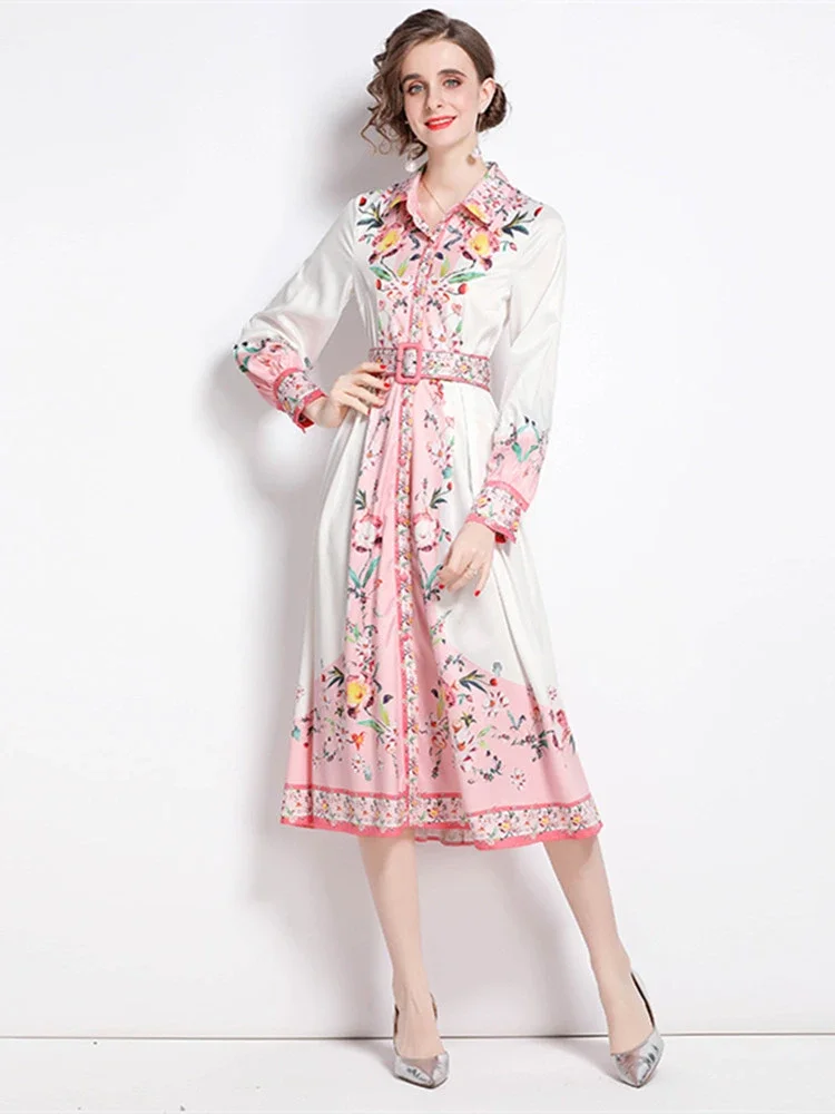 여성용 보호 꽃 드레스, 라펠 칼라, 긴팔, 꽃 프린트 파티, 해변 미디 드레스, 벨트 포함, 2023 용수철 가을