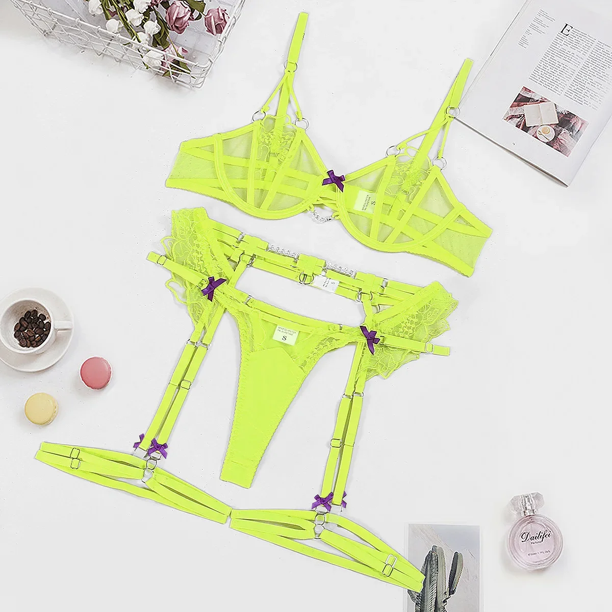 

Bra + Panties + Garter +Thigh Circumference, Translucent Ultrathin Yellow Gather Women Sexy Lingerie For Female Underwear T-Back