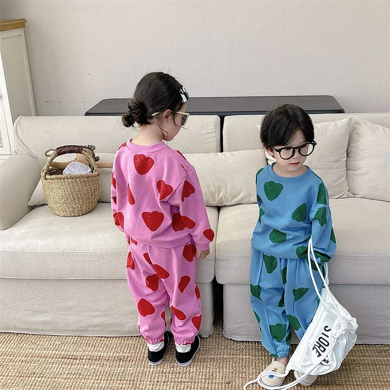 Sister-Brother Clothes 2023 Autumn Boys and Girls Korean Style Full Printed Love Sweatshirt and Sweatpants Siblings Costume Suit