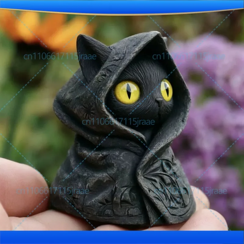 Gothic Black Cat Statue With Cloak, Simulation Kitten Animal Figurine for Halloween Gift Home Decoration