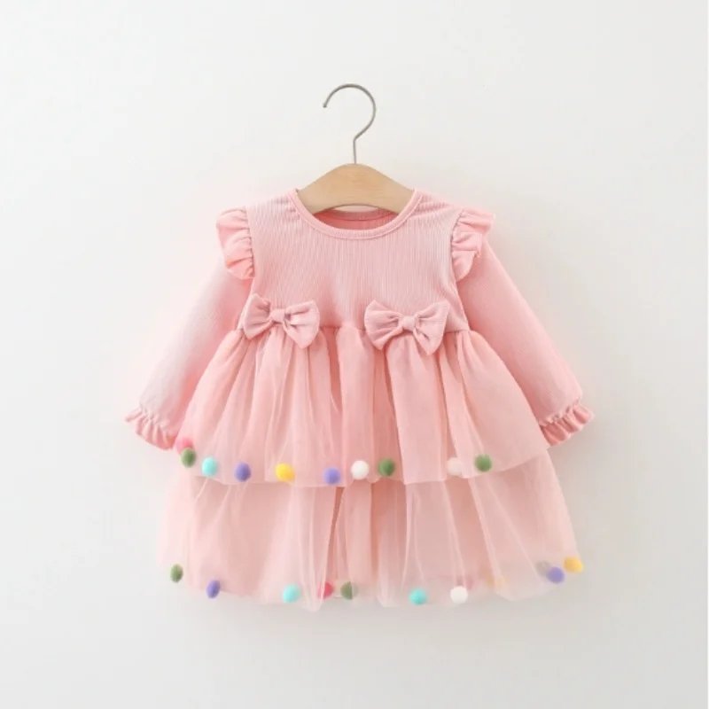 

2025 Autumn Toddler Girl Princess Dress with Bow Ruffled Sleeves Tulle Skirt Colorful Pom Poms Ribbed Knit 1-3Y Tulle Dress