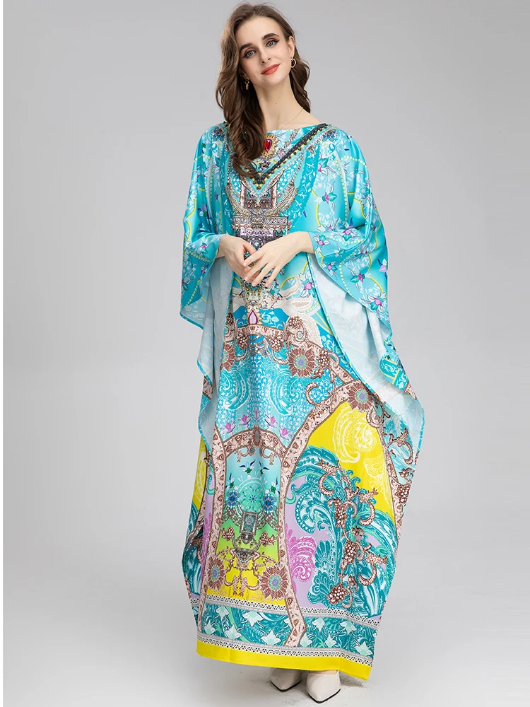 

MoaaYina Autumn Runway Fashion Designer Maxi Dress Women's Batwing Sleeve Beading Elegant Flower print Bohemian Maxi Dress Robe