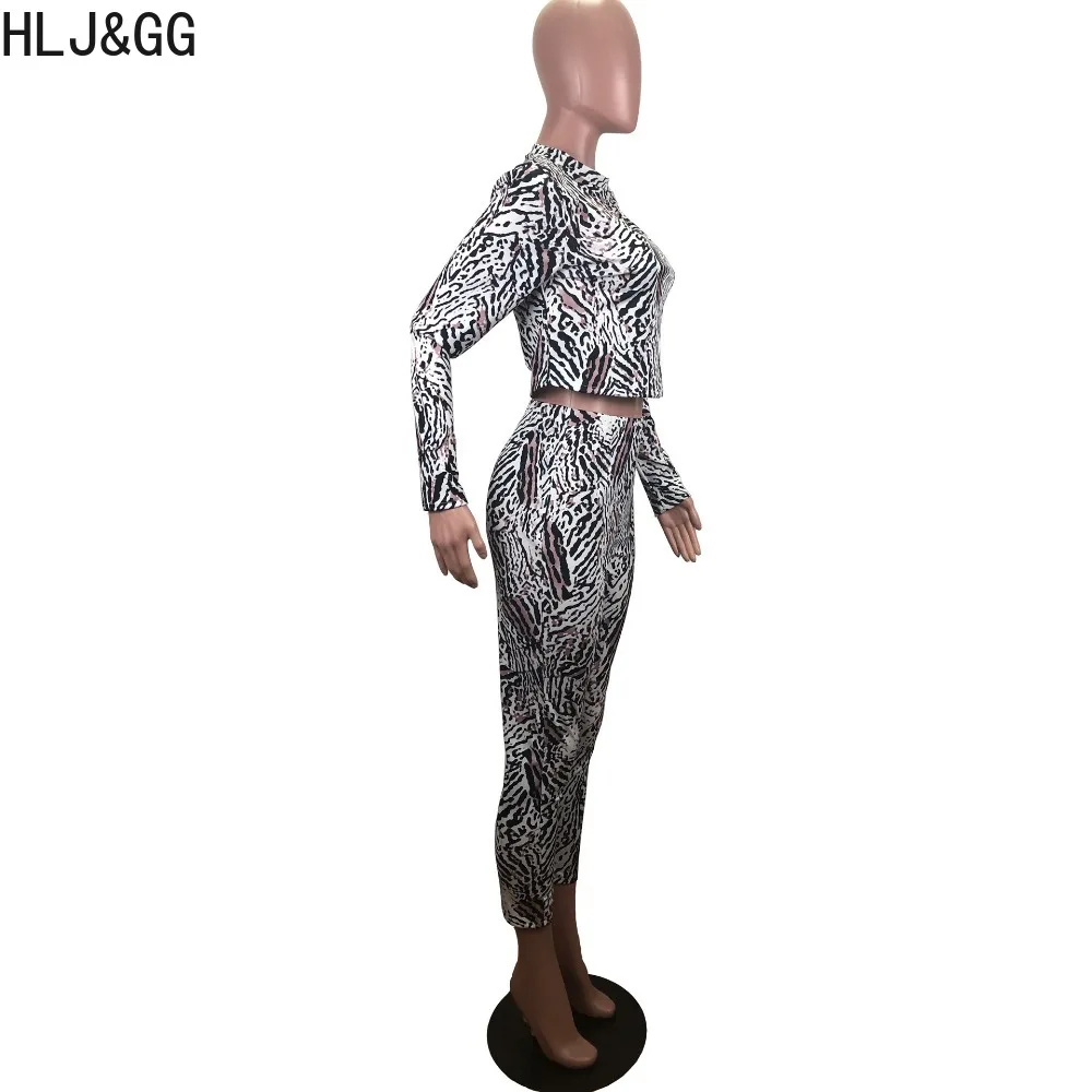 HLJ&GG Autumn Casual Leopard Printing Two Piece Sets Women Round Neck Long Sleeve Crop Top + Pants Tracksuit Female 2pcs Outfits