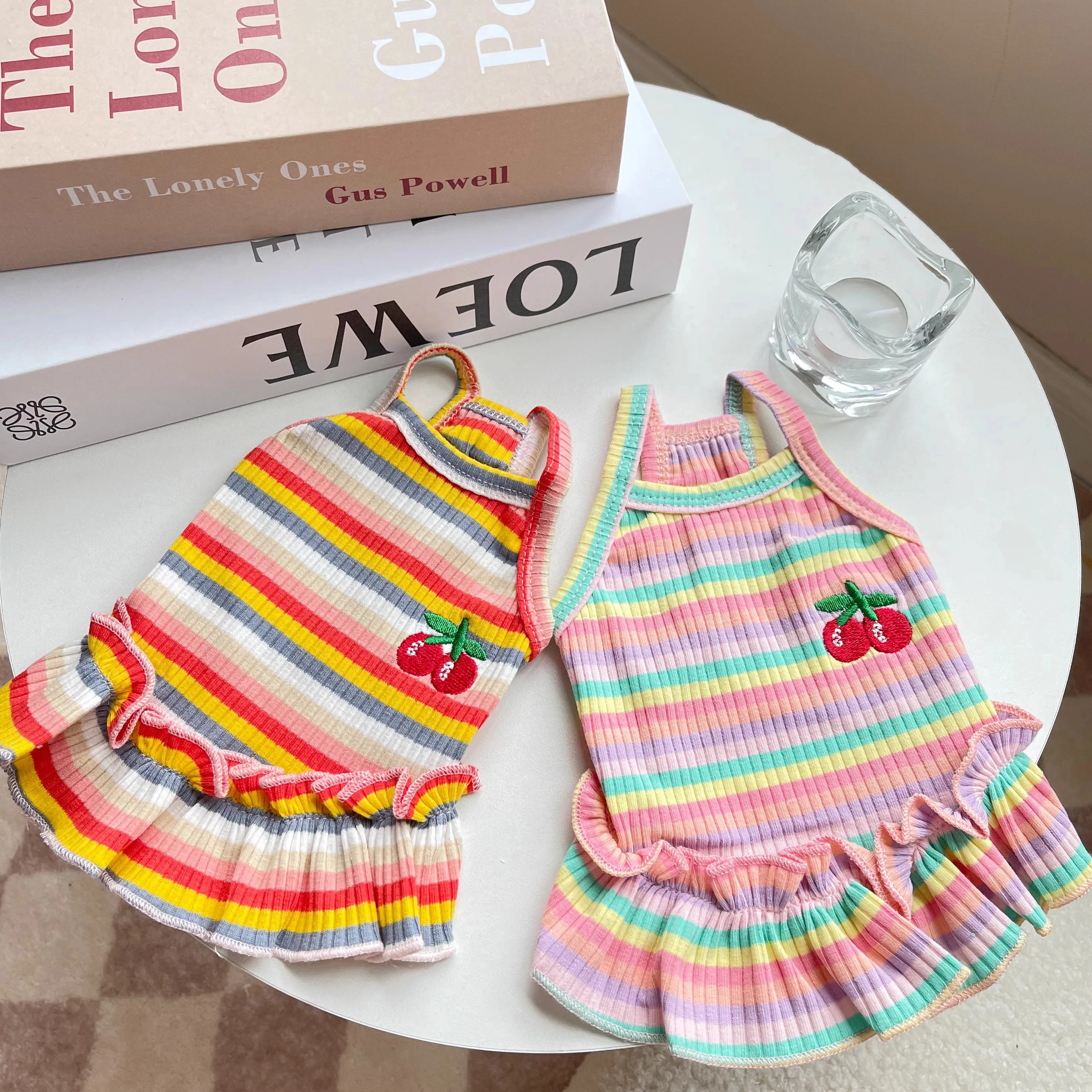 

Yorkshire Princess Skirt Pet Halter Dress Puppy Rainbow Clothes Teddy Fashion Striped Vest Summer Fruit T-Shirt