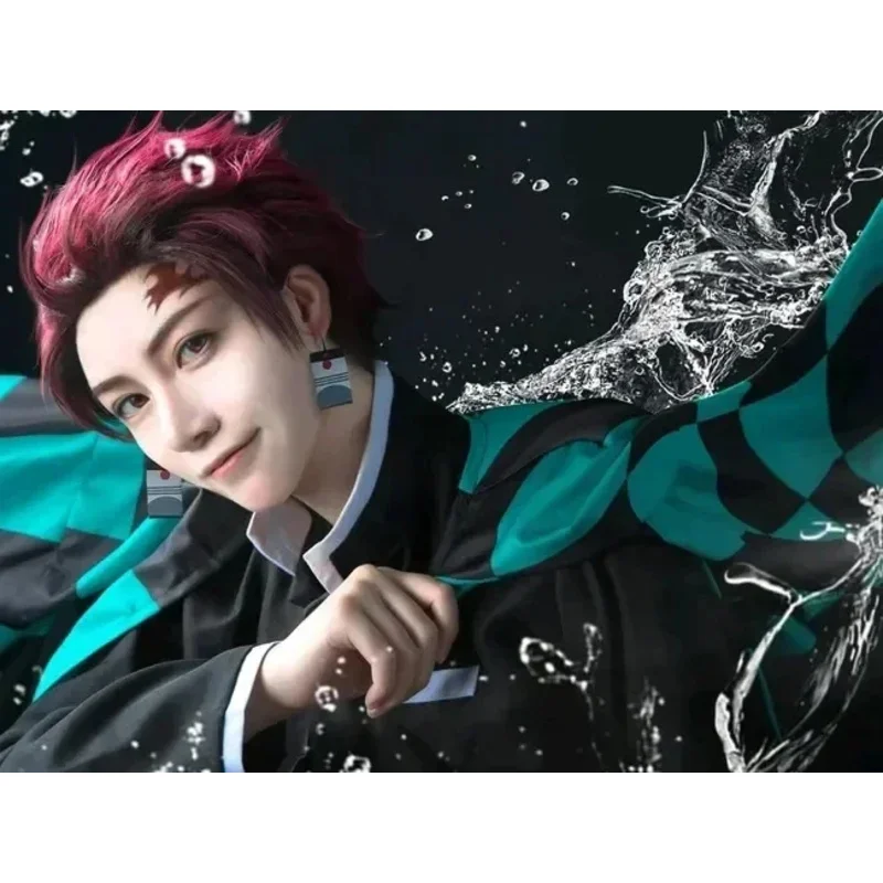 A 002 베어 하우스 Tanjiro 코스프레 애니메이션 Tanjirou Kamado 의상 Kimetsu No Yaiba 기모노 귀걸이 문신 스티커 fo New 2025 I8I9