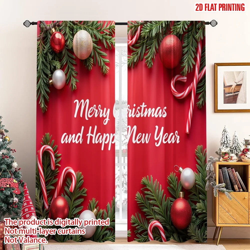 

2pcs 2D flat printing Christmas Curtain Merry Christmas Happy New Year Polyester Fabric Without Electricity Festive Curtains for
