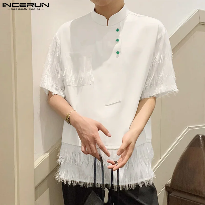 

Stylish Well Fitting Tops INCERUN New Men Solid Tassel Patchwork Design Shirt Casual Streetwear Short Sleeved Lapel Blouse S-5XL