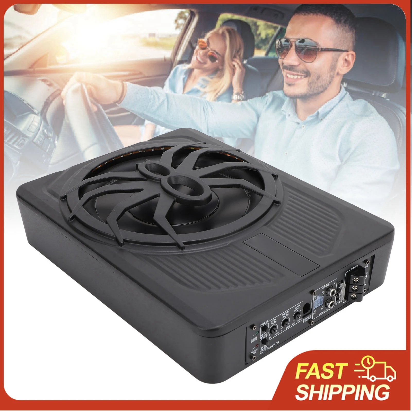 

10" Slim Underseat Powered Car Subwoofer 800W Peak with LED Ambient Light Aluminum Alloy Heat Dissipation & Wired Remote Control