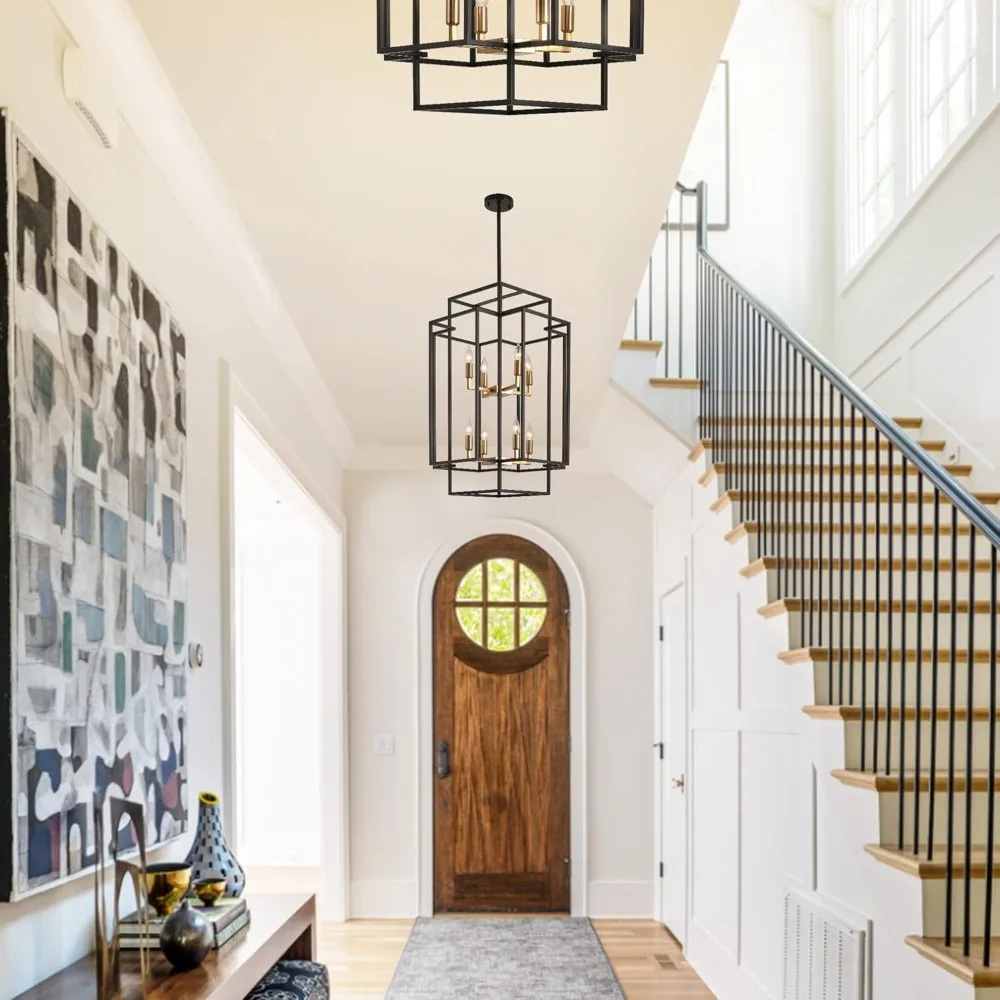 8-Lights Lantern Tiered Pendant Light Fixtures, Industrial Farmhouse Hanging Chandelier for Enterway Dining Room Foyer Living