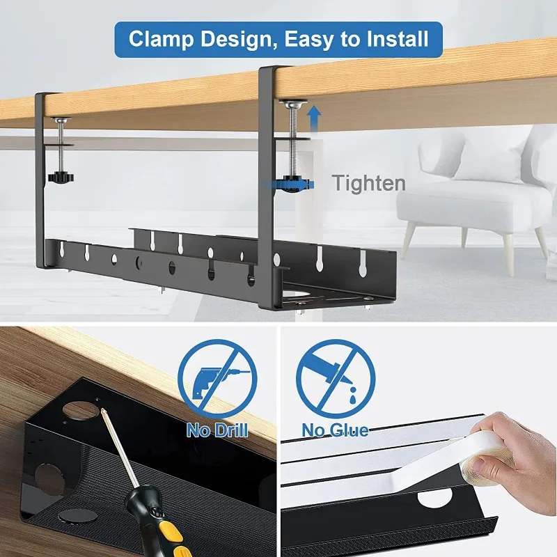 Gestión de cables extensible debajo del escritorio, bandeja de cables de Metal debajo del escritorio con abrazadera, tira de alimentación retráctil,