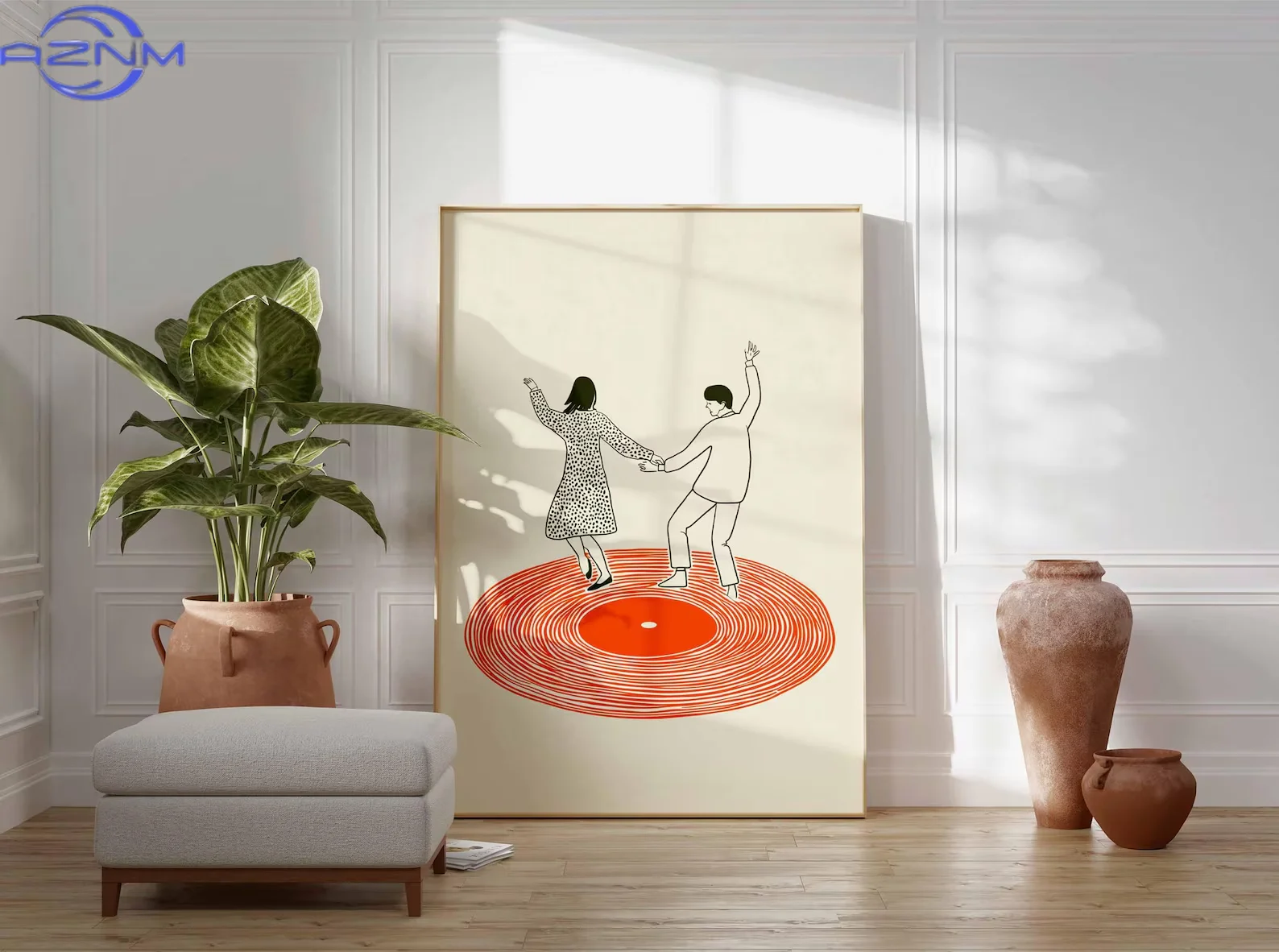 AZNM Dancing Couple Wall Art Print, Retro Record Player Poster, Modern Music Inspired Illustration for Home Bar or Living Room