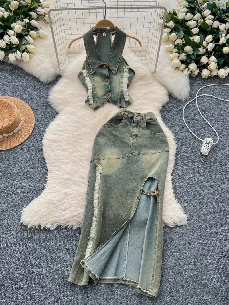 Fashion Ripped Denim 2 Piece Sets Women Outfit Summer Clothing Women Tank Top Long Skirt Sets Holiday Jean Two Pieces Dress Sets