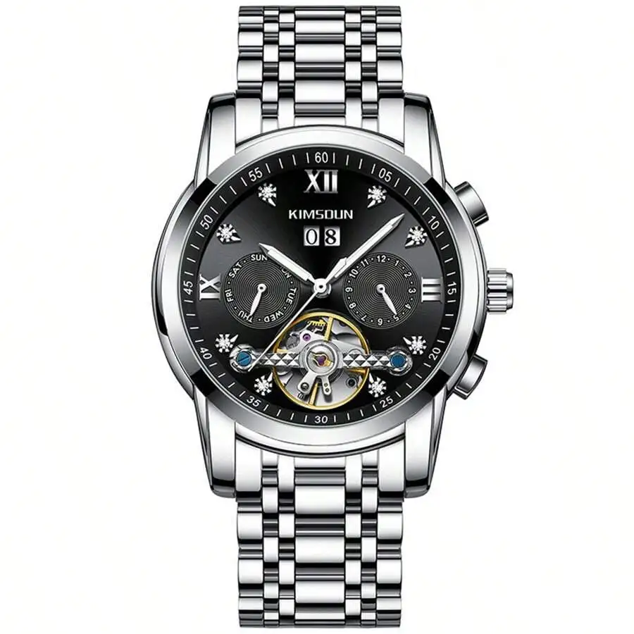 A Men's Silver Steel Strap Simple Casual Style Arabic Numerals Three-Eye Fully Automatic Mechanical Watch