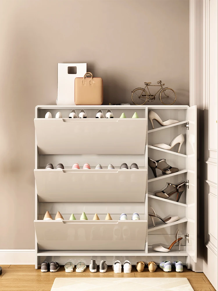 

Ultra-thin tipping bucket shoe cabinet at the entrance of household, cream wind into home, integrated against