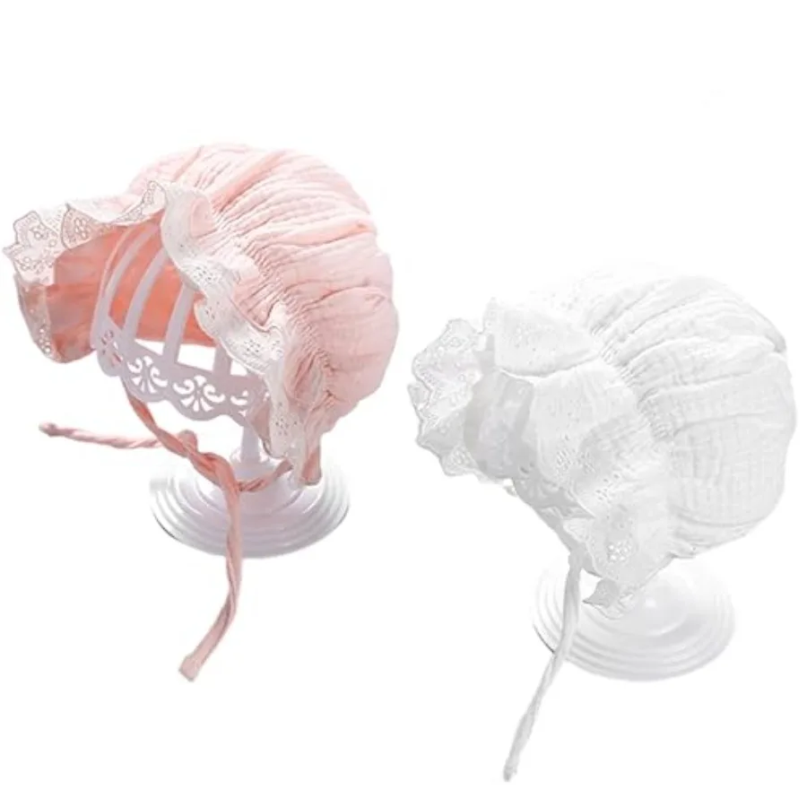 2pcs Lace Cotton Christening Bonnet Court Cap Beanie Sun Protection Hat for Baby Newborn Toddler 3-12M