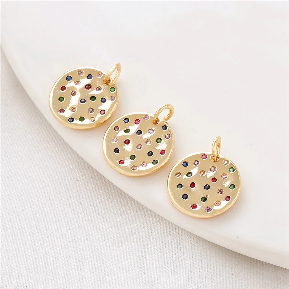 

14K Bag Gold Inlaid with Colored Diamonds Irregular Round Tag Pendant DIY Jewelry Bracelet Necklace Pendant Accessories