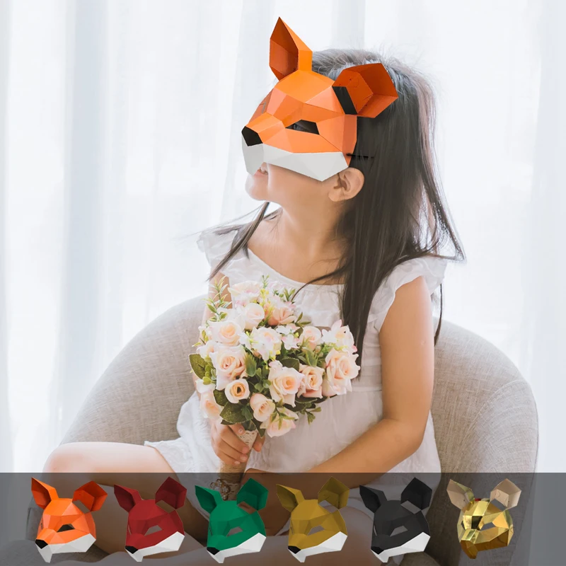 3D Paper Mold Fox Mouse Head Mask Headgear Model Halloween Cosplay Props Women Men Party Dress Up DIY Craft Masks