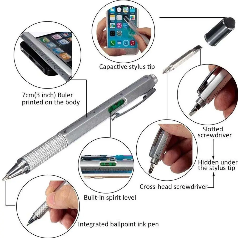 Touch Capaciative pen Gadget With Scale Level Meter Replacement refill Ballpoint Pen Flat-blade Screwdriver Cross Screwdriver