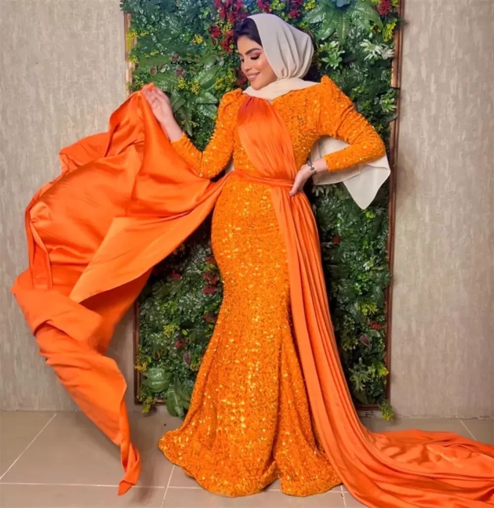 Sexy Oranje Zeemeermin Lovertjes Lange Mouwen Wrap Hip Vloer-Lengte Jurk Cocktail Party Prom Custom Luxe Damesavondjurk