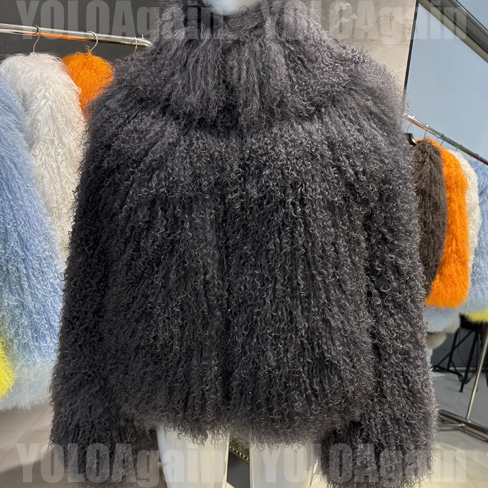 YOLOAgain High Collar Real Mongolia Sheep Fur Jacket For Women 2025 Winter Coats Outerwear