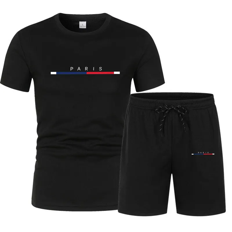 Summer T-shirt paris print short-sleeved luxury sportswear set Men's fitness Sports quick-drying Sets T-shirt+shorts 2-piece set