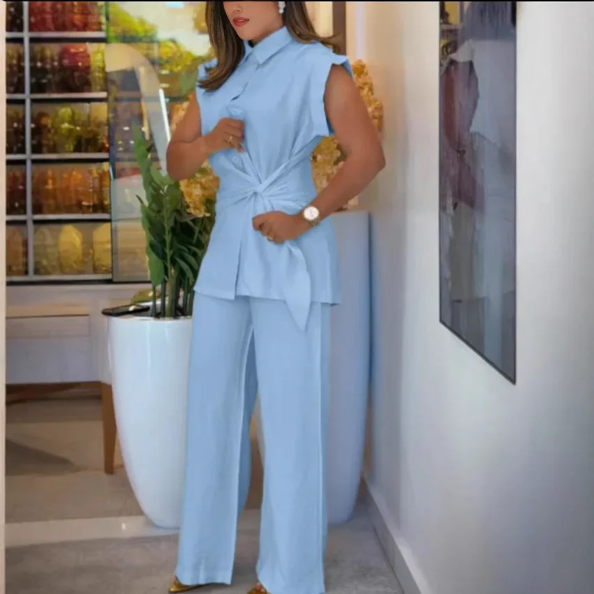 

Women's Summer Casual Shirt Suit Fashion Solid Color Sleeveless Button Lace Up Slim Shirt Loose Wide Leg Pants 2 Piece Sets