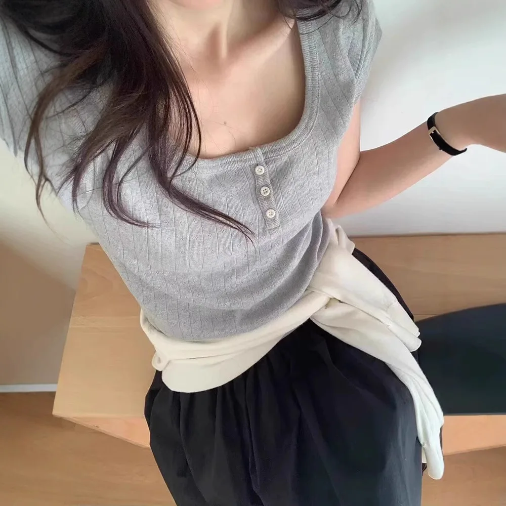 Vergamot25 Zomer Pure Kleur U-Ne Slim Fit Dames T-shirt Casual Sle Ort Sve Gebreide Katoenen Top Klassiek Patroon