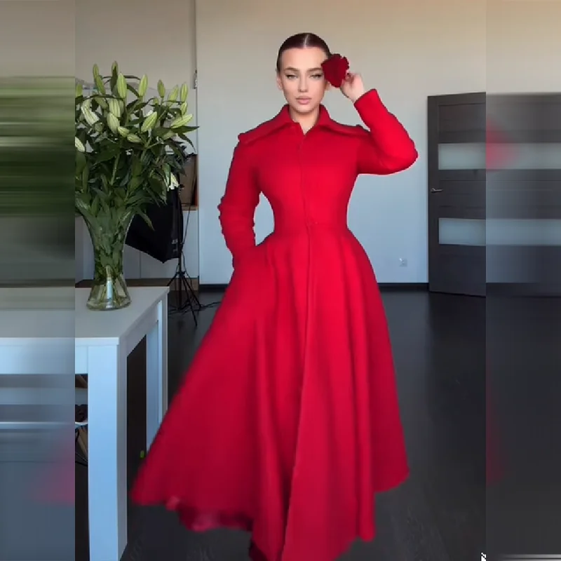 Retro Red Long Trench Coat Chic Lapel Neck Waist Slim Large Skirt Hem Overcoat Autumn Winter Evening Party Elegant women Outfit